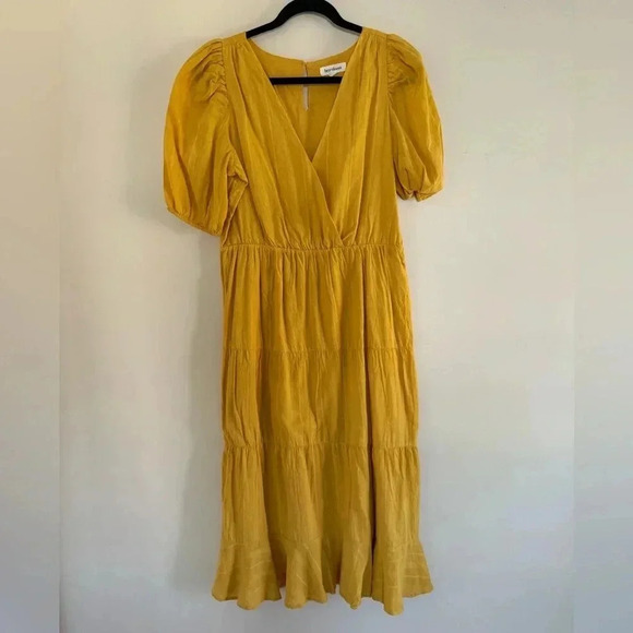 Midi Yellow Tiered Puff Sleeve Dress - V-Neck - 100% Cotton - Picture 4 of 10
